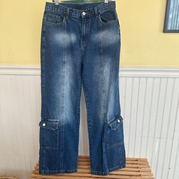 Cider Blue Denim Cargo jeans Pants  Snap Button Pockets & Relaxed Fit Medium - Picture 1 of 8
